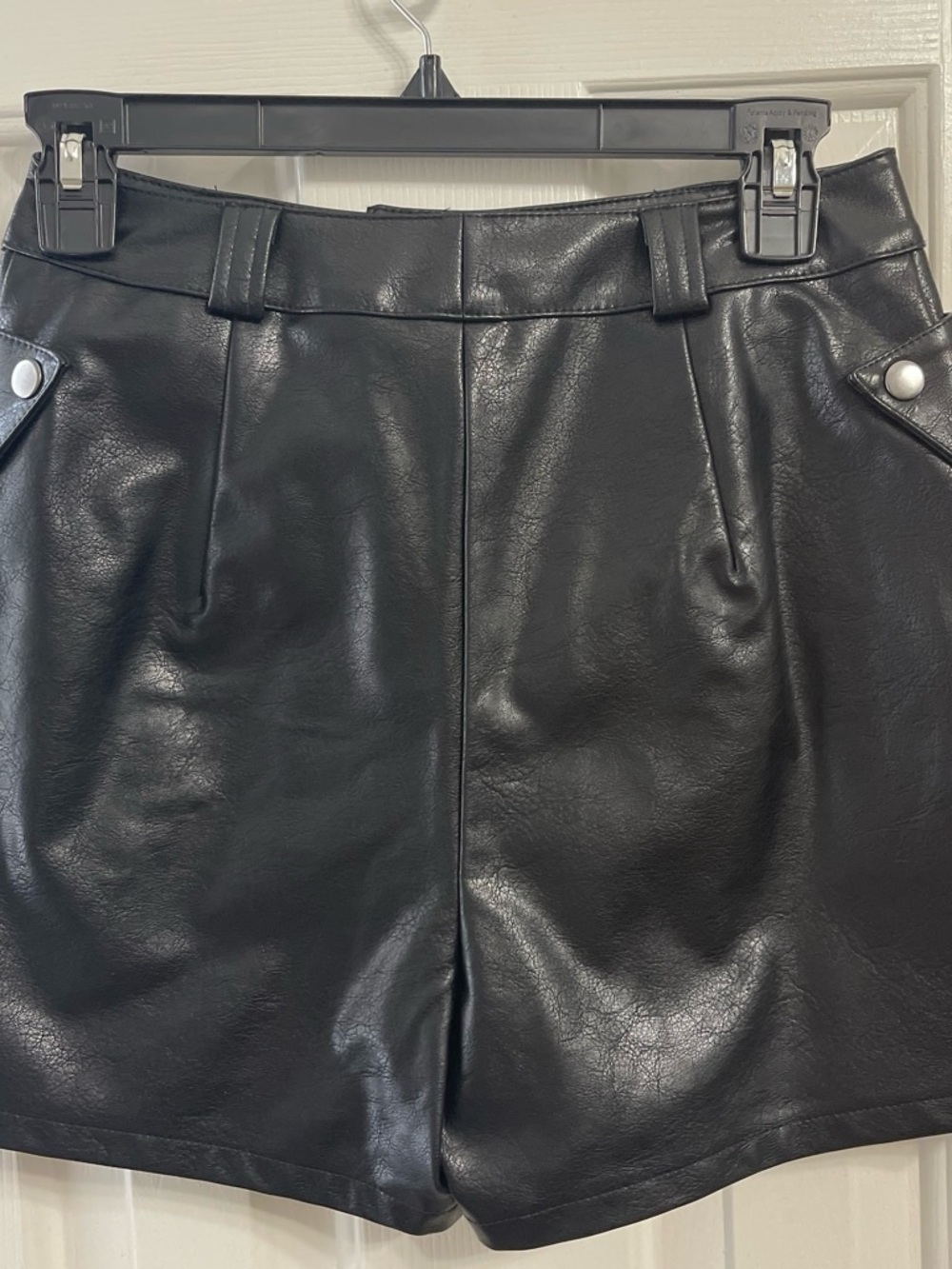 Versona Black High-Waist Faux Leather Shorts with Snap Details
